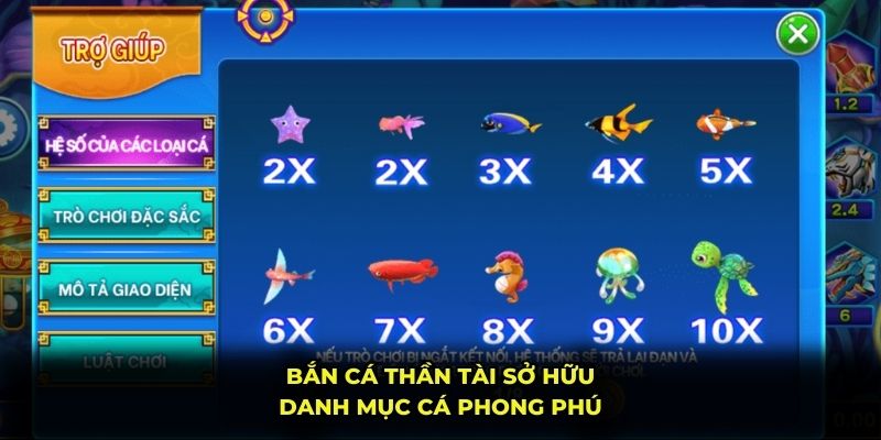 Bắn cá Thần Tài sở hữu danh mục cá phong phú